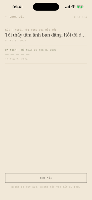 The Unsent screen: a letter being written, with a New letter button at the bottom and no Send button.
