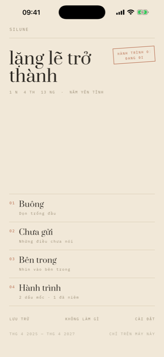 SILUNE home screen: the title “quietly becoming” over a numbered index of Release, Unsent, Within and Journey.