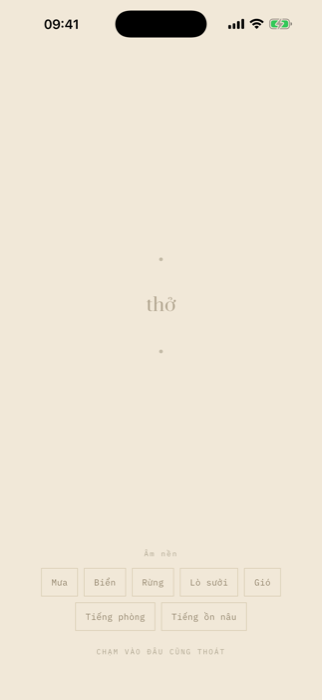 The Do Nothing screen: nearly empty, with a faint word “breathe” in the middle and the ambient list below.